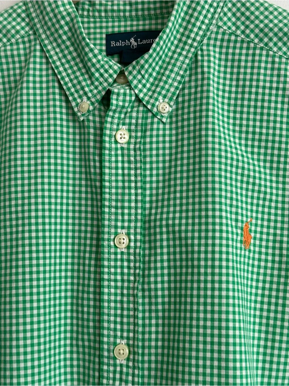 Ralph Lauren Boys Shirt Green White Gingham Button Down Preppy Classic Logo